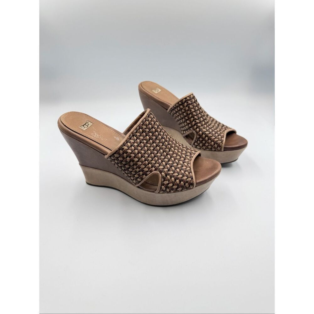 UGG Australia Doha Woven Leather Wedge Slide Sandals Brown Women’s Size 8